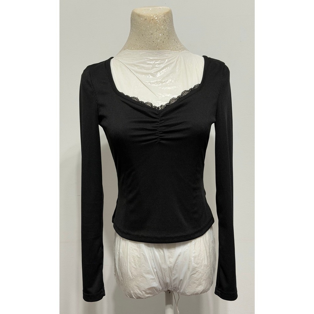 Romwe Womens Ribbed Knit Ruched, Lace Trim Babydoll Top sz S Black Y2K‎ Coquette